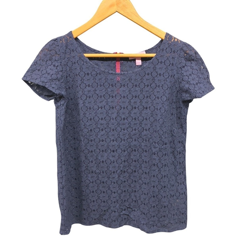 Lilly Pulitzer Eyelet Lace Blouse Womens S Navy Blue Short Sleeve Preppy